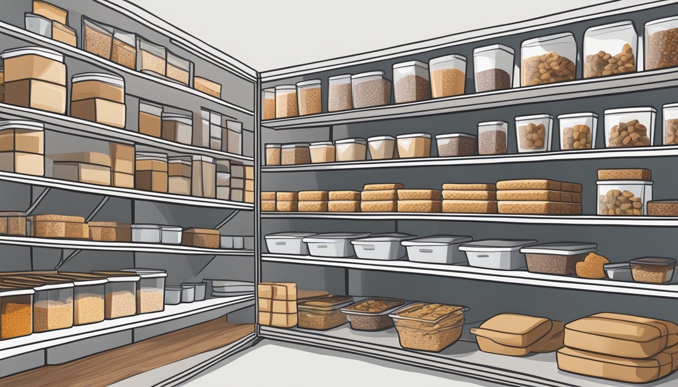 A pantry shelf with neatly arranged fig bars in airtight containers