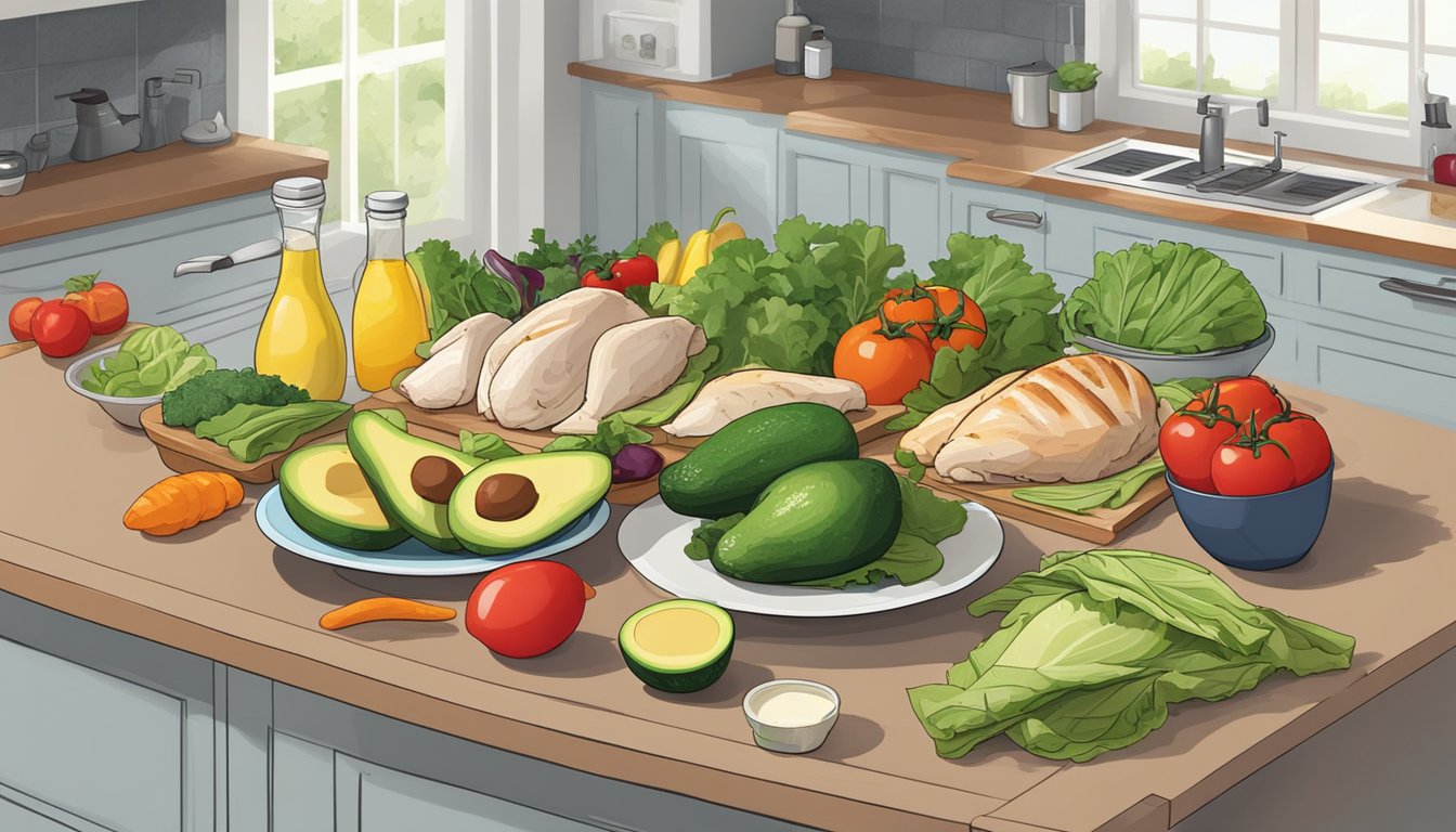 A colorful array of fresh ingredients laid out on a clean kitchen counter, including grilled chicken, avocado, and various vegetables, ready to be assembled into a healthy wrap