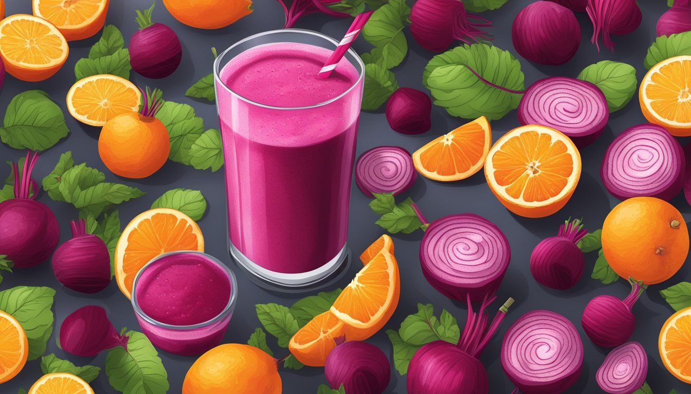 A vibrant beet and orange juice smoothie surrounded by fresh beets and oranges, with a variety of cooking utensils and ingredients nearby