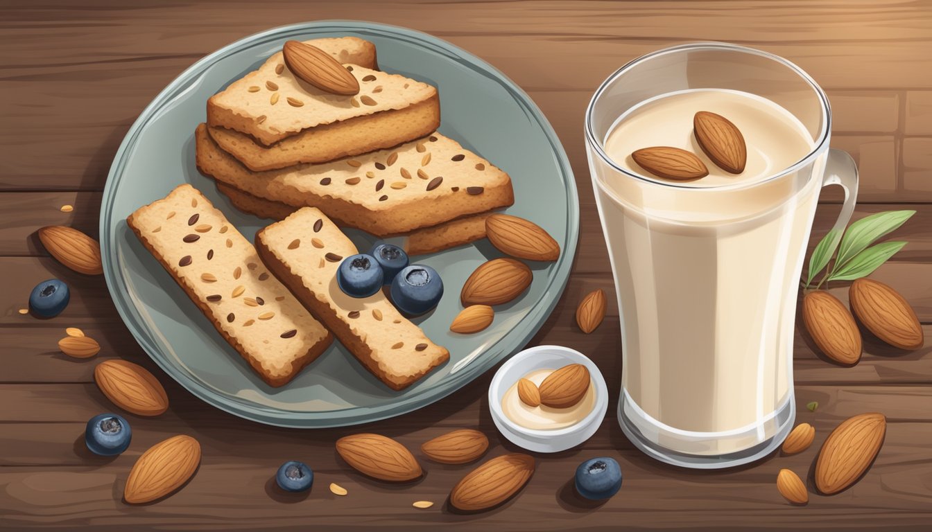 A plate of vegan biscotti with almond milk and alternative ingredients on a rustic wooden table