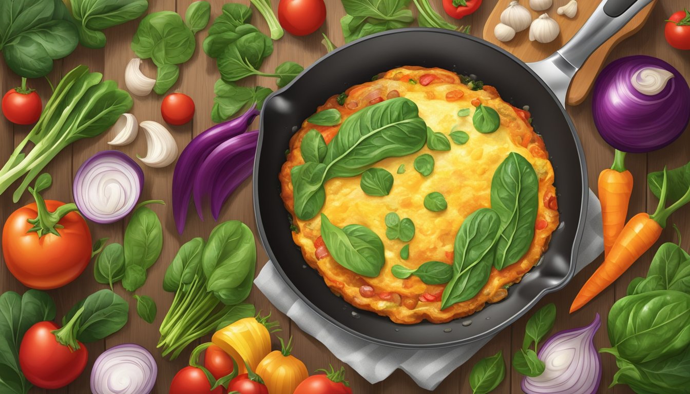 A colorful veggie omelette sizzling in a pan, surrounded by fresh spinach and other vibrant vegetables. A warm and inviting kitchen setting