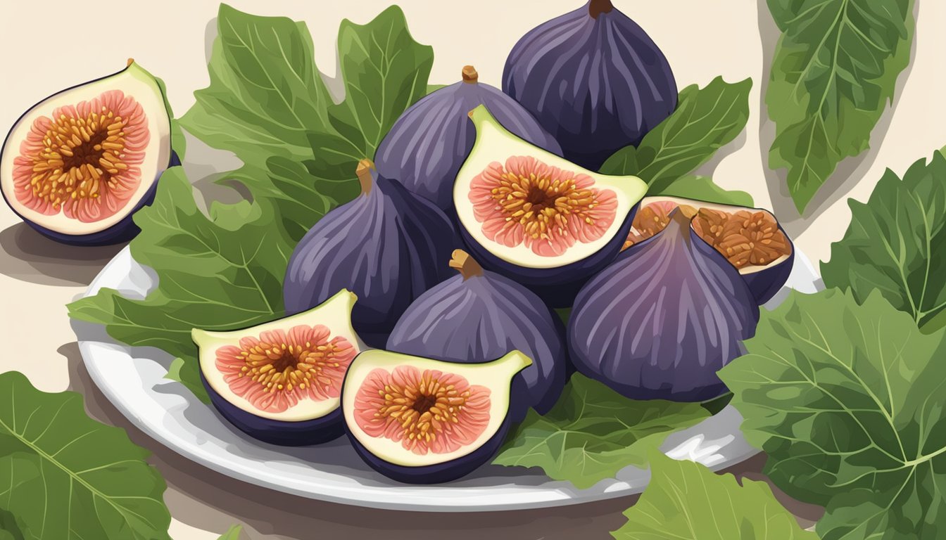 A plate of fig bars surrounded by fresh figs and leaves