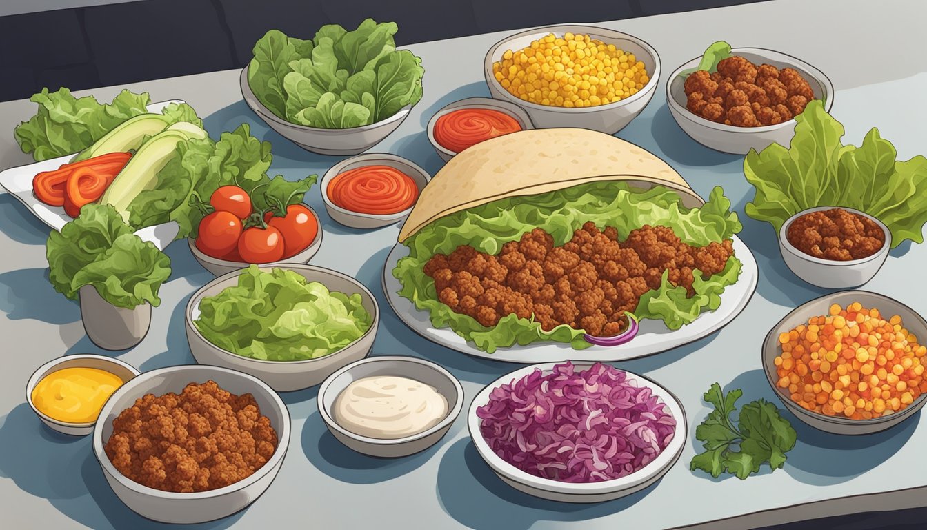 A colorful array of fresh ingredients laid out on a clean kitchen counter, including ground turkey, vibrant lettuce leaves, and various taco toppings