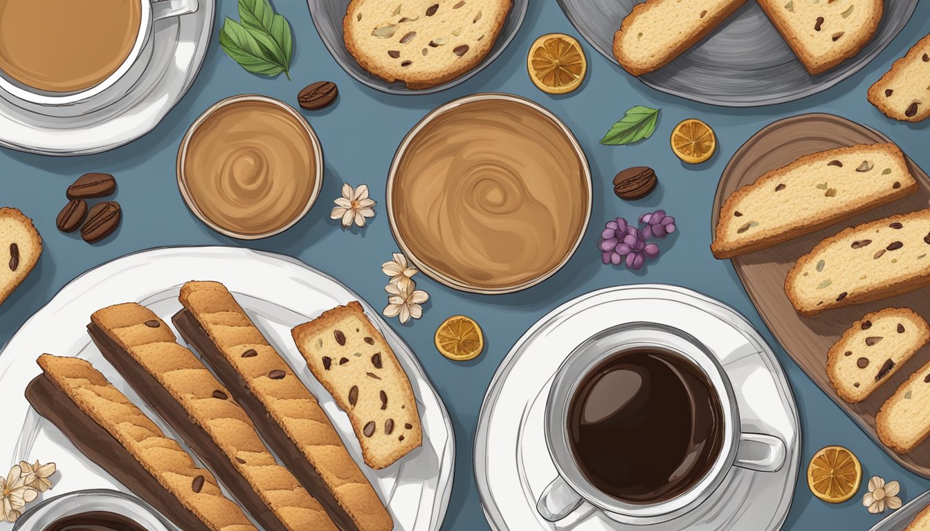 A plate of assorted biscotti, including vegan options, arranged with coffee and decorative garnishes