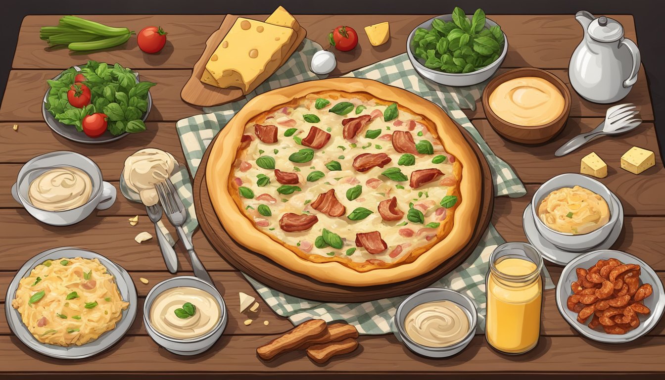 A rustic wooden table with a freshly baked chicken alfredo bacon pizza surrounded by ingredients like chicken, bacon, alfredo sauce, and cheese