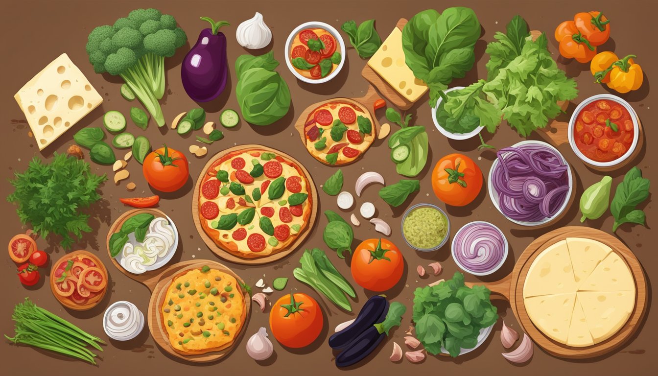 A colorful array of vegan pizza ingredients, including dairy-free cheese, plant-based bacon, and various vegetables, laid out on a wooden cutting board