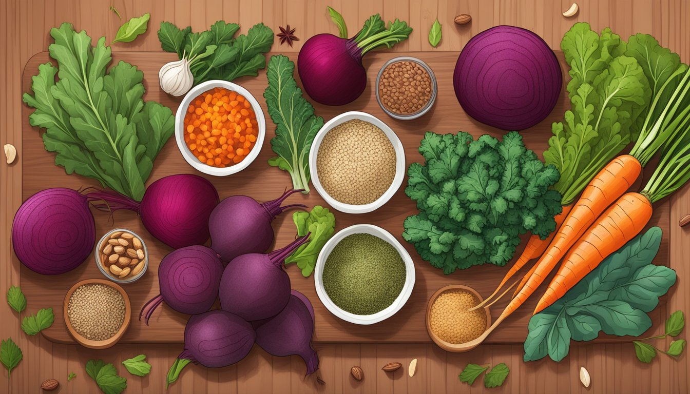 A colorful array of beets, carrots, kale, quinoa, and nuts arranged on a wooden cutting board, surrounded by vibrant herbs and spices