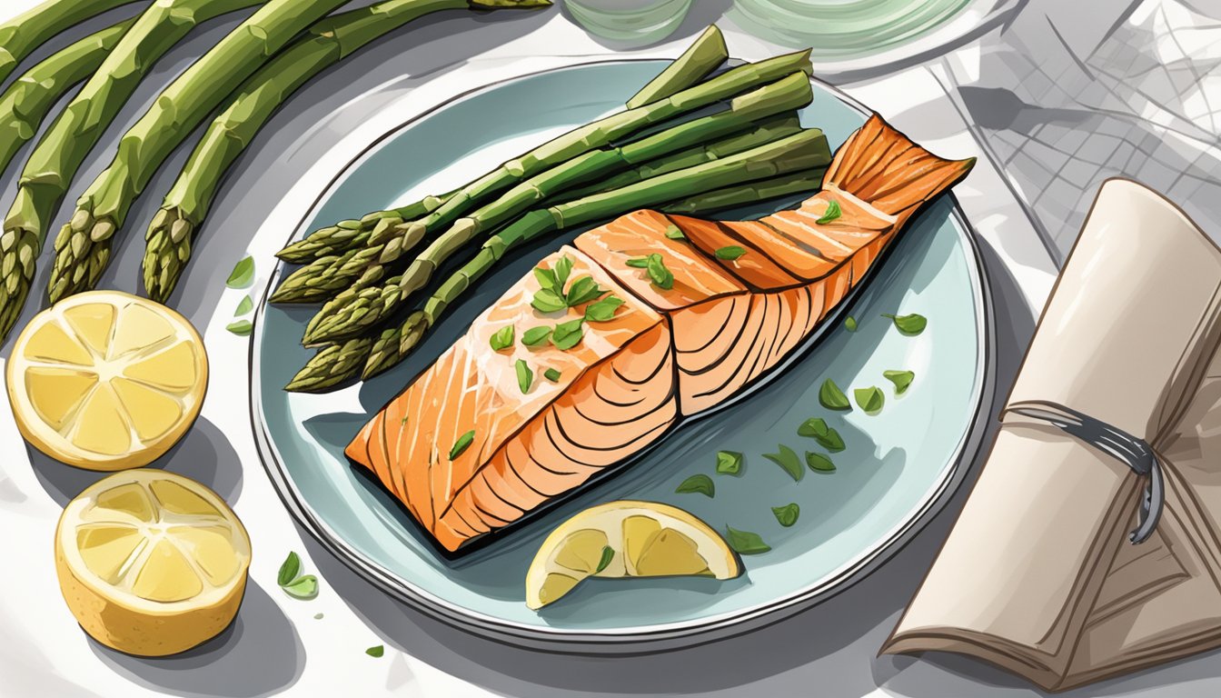 A plate of baked salmon and asparagus next to a recipe book on a kitchen counter