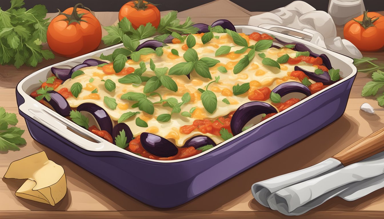 A baking dish filled with layers of sliced eggplant, marinara sauce, and melted cheese, surrounded by fresh herbs and vegetables