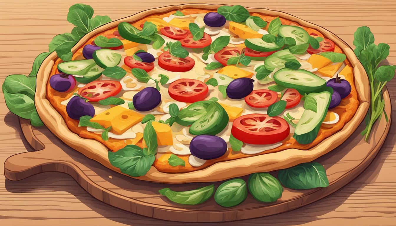 A vegan pizza with colorful vegetables and plant-based cheese on a wooden pizza board