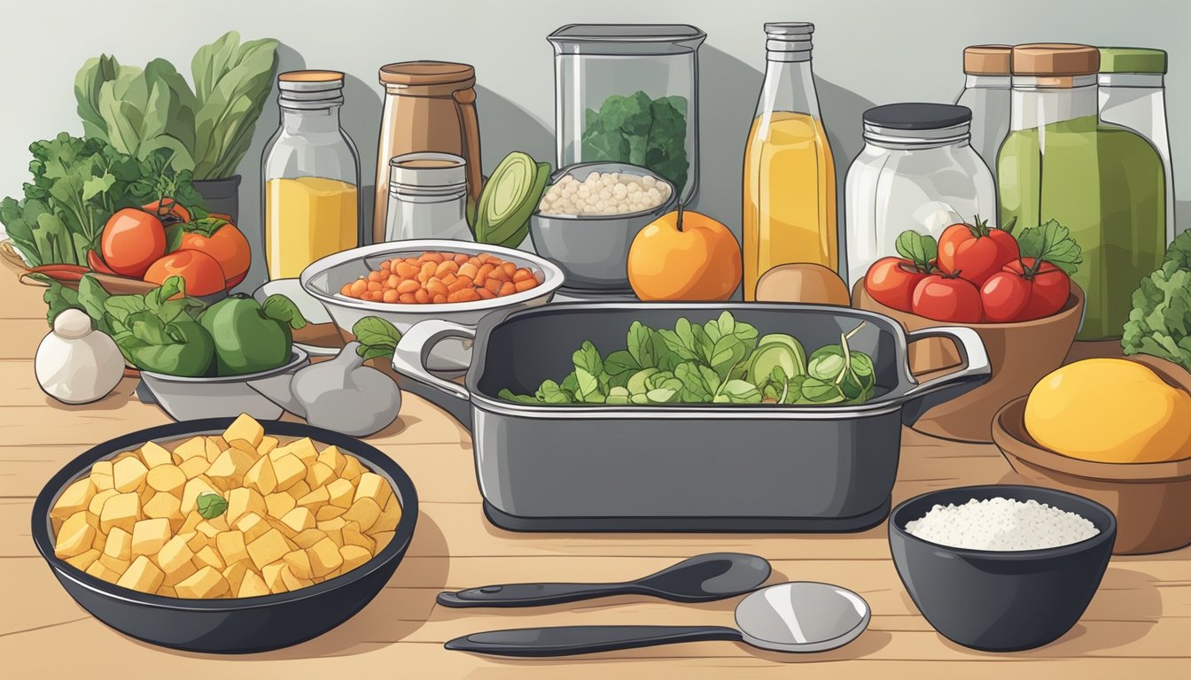 A kitchen counter with various fresh ingredients and cooking utensils laid out, showcasing the preparation of healthy lunch recipes for blood sugar management