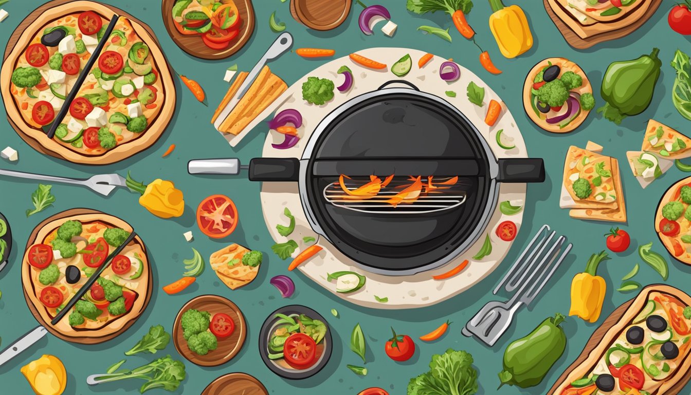 A sizzling BBQ pizza with colorful vegetables and vegan cheese on a hot grill