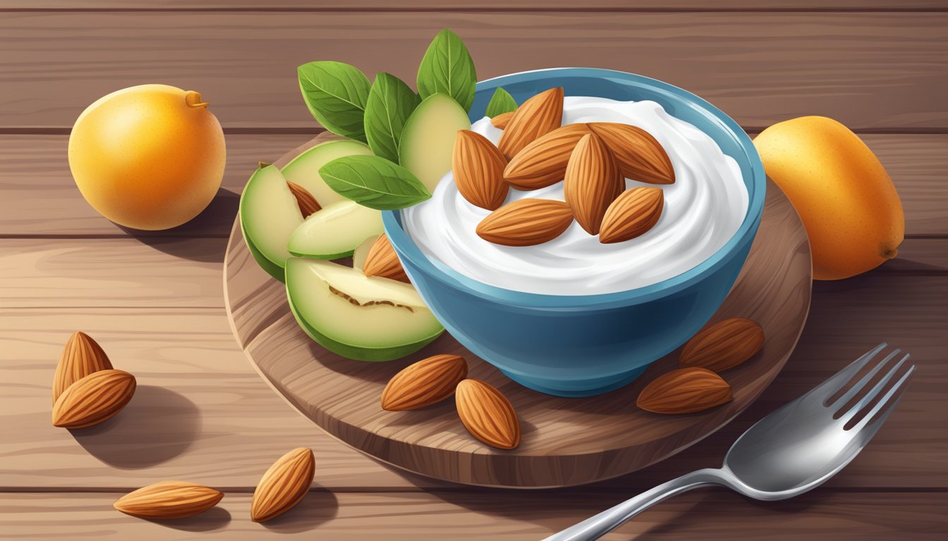 A bowl of Greek yogurt topped with sliced almonds sits on a wooden table, surrounded by fresh fruits and a glass of water