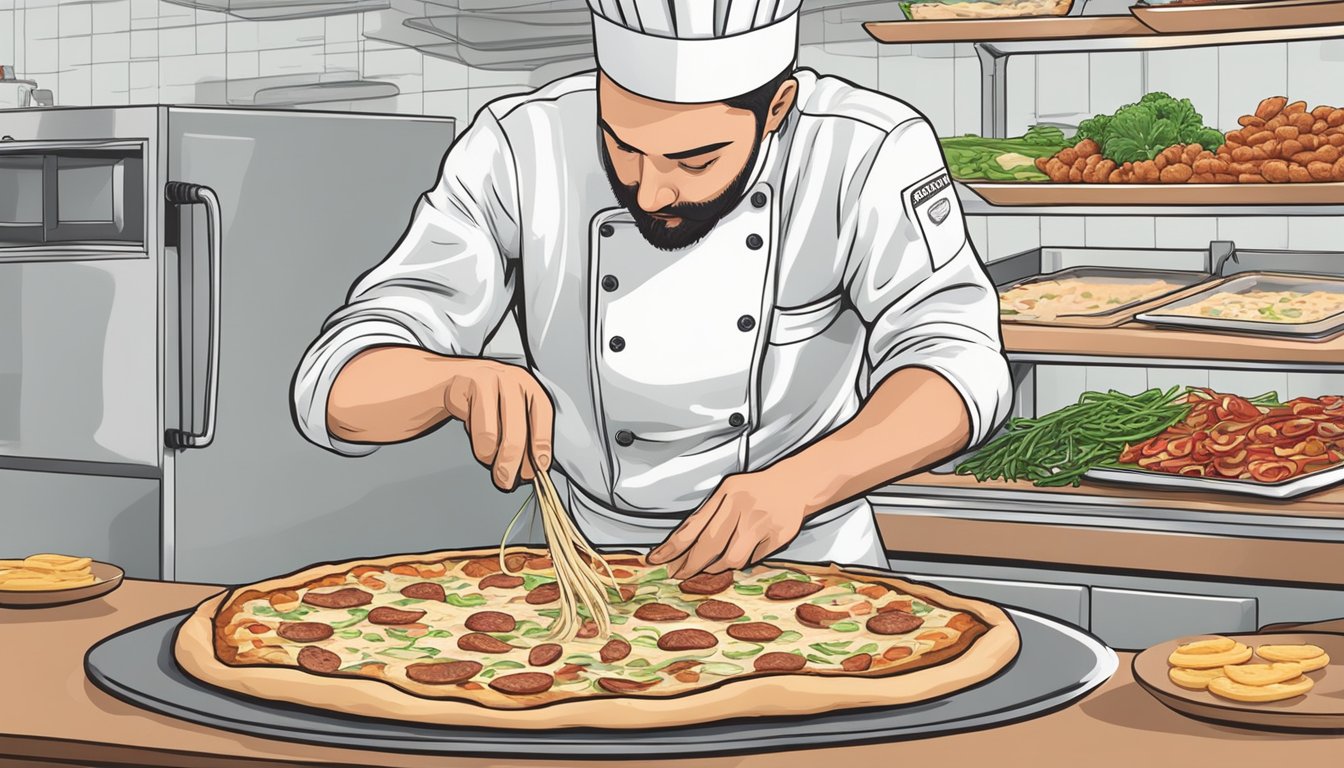 A chef prepares a chicken alfredo bacon pizza, carefully selecting non-dairy ingredients for the vegan customer