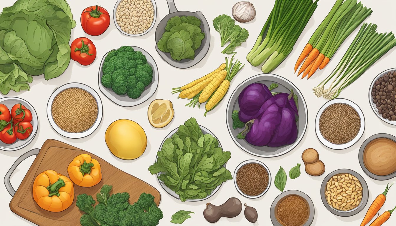 A kitchen counter with a variety of fresh vegetables, lean proteins, and whole grains laid out, ready to be used for preparing diabetic-friendly weeknight dinners