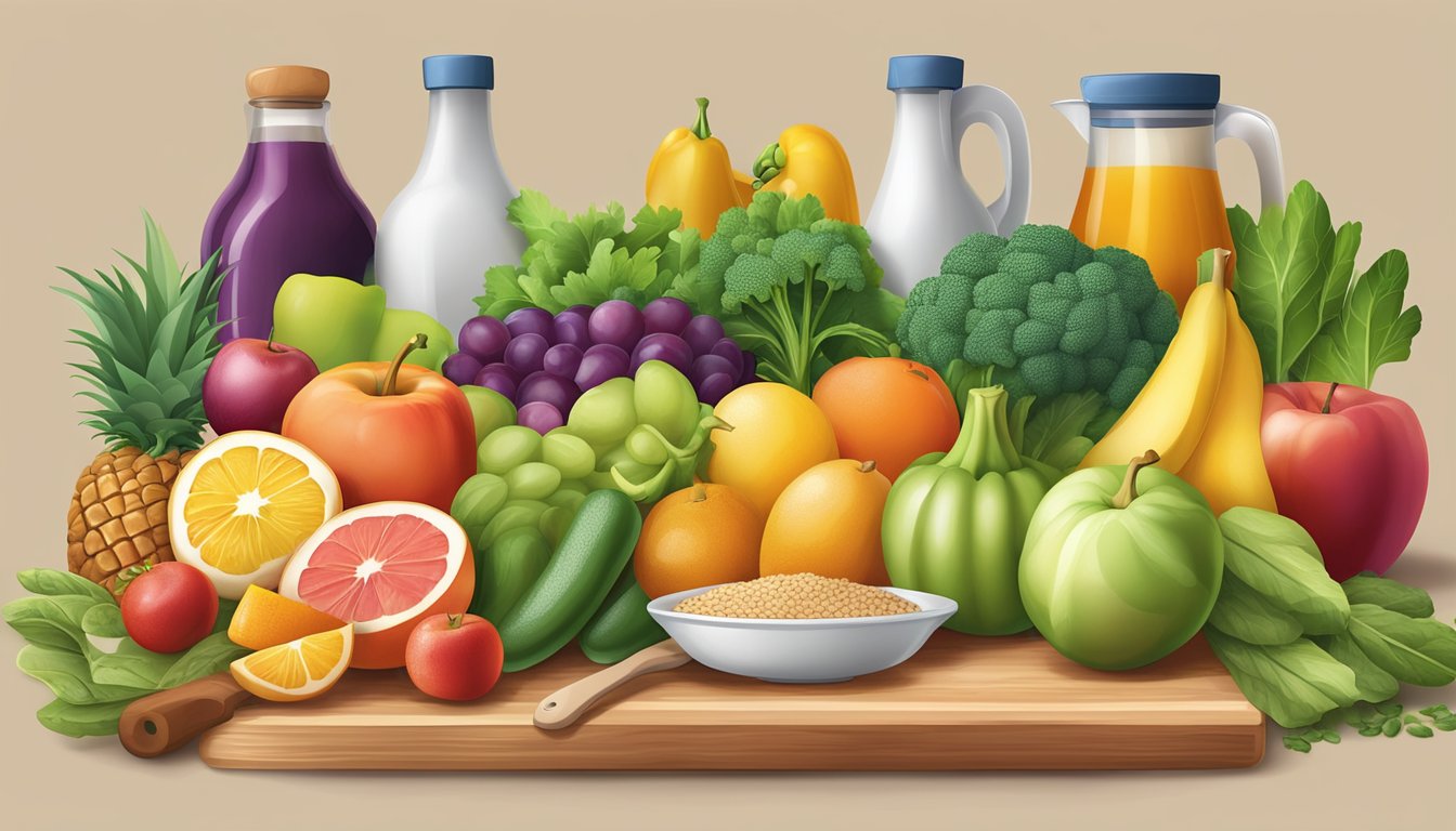 A colorful array of fresh fruits, vegetables, whole grains, and lean proteins arranged on a wooden cutting board, surrounded by various cooking utensils and a measuring cup