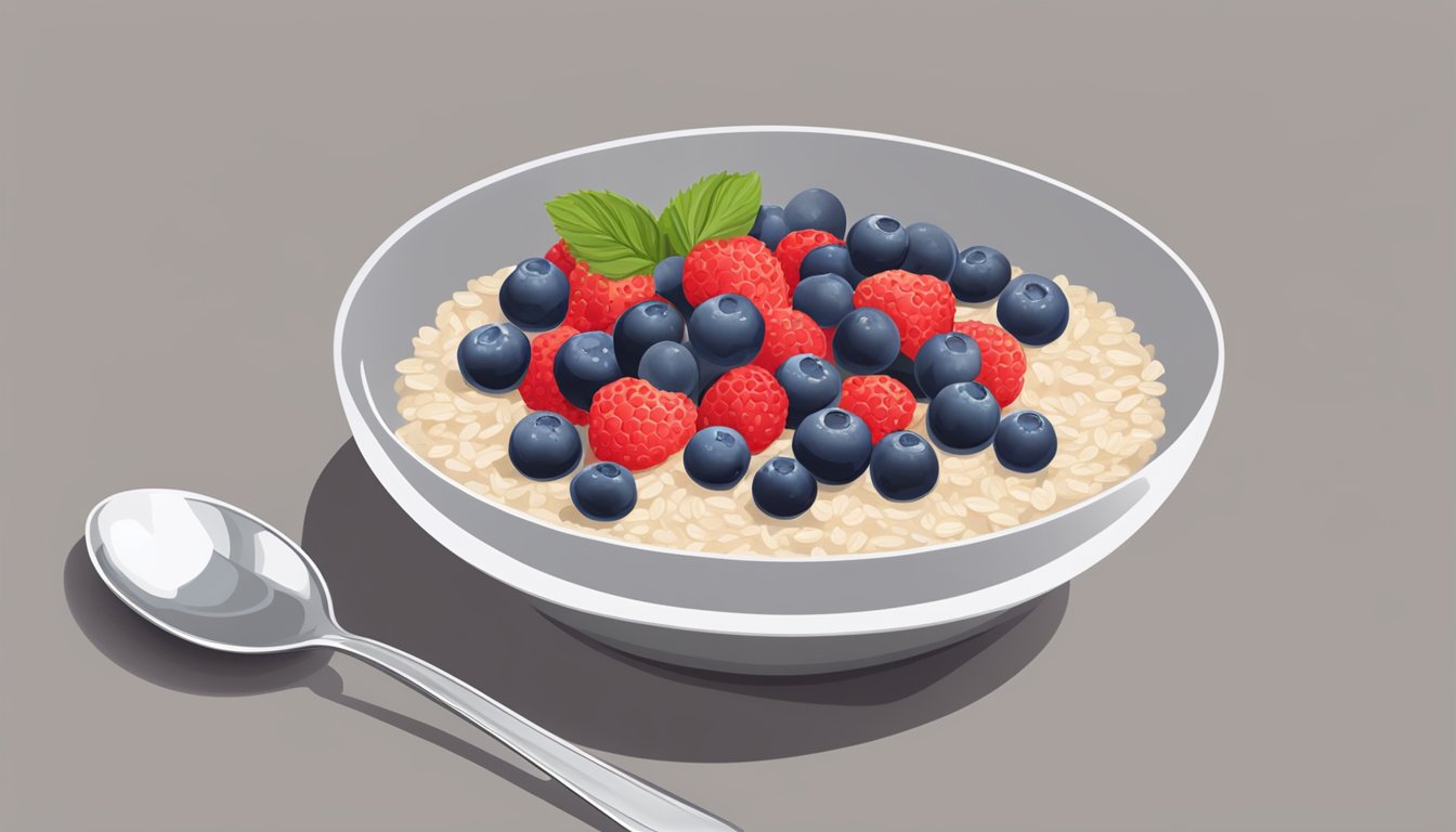 A bowl of steel-cut oatmeal topped with fresh berries, accompanied by a glass of water and a small plate with a spoon