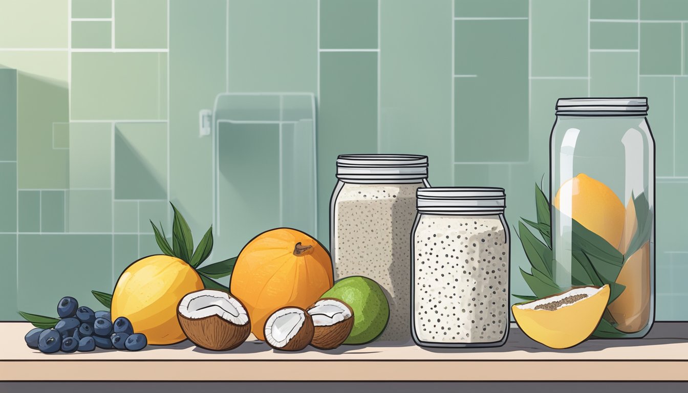 A glass jar filled with chia seed pudding sits next to a can of coconut milk, surrounded by a week's worth of fresh fruits and nuts on a clean, minimalist kitchen counter