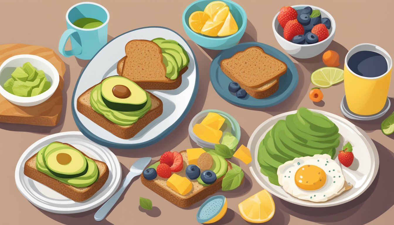 A plate with avocado toast on whole-grain bread, alongside a colorful assortment of diabetes-friendly breakfast items