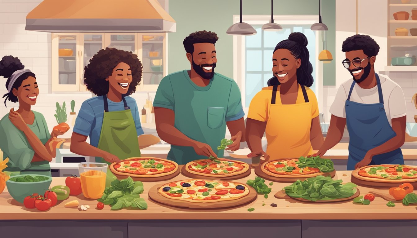 A group of friends gather around a kitchen island, laughing and chatting as they prepare and assemble a variety of colorful vegan pizza toppings