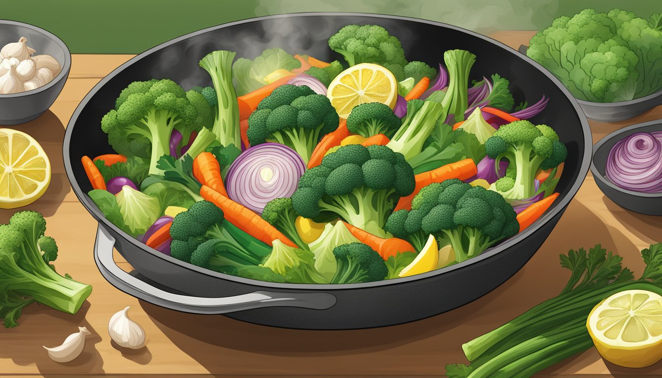 A sizzling pan of broccoli, garlic, and lemon stir-fry, surrounded by vibrant vegetables and herbs