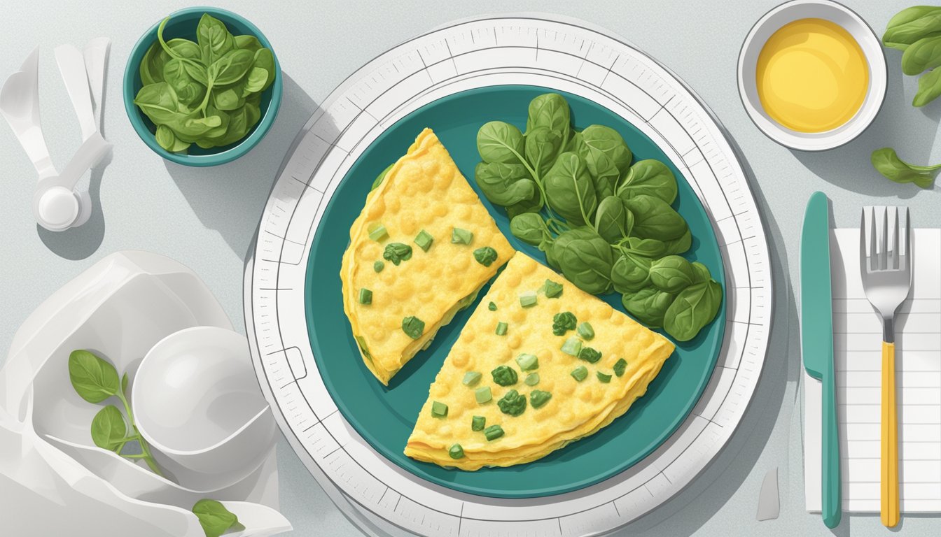 An omelette filled with spinach and feta sits on a plate next to a colorful 7-day meal plan chart