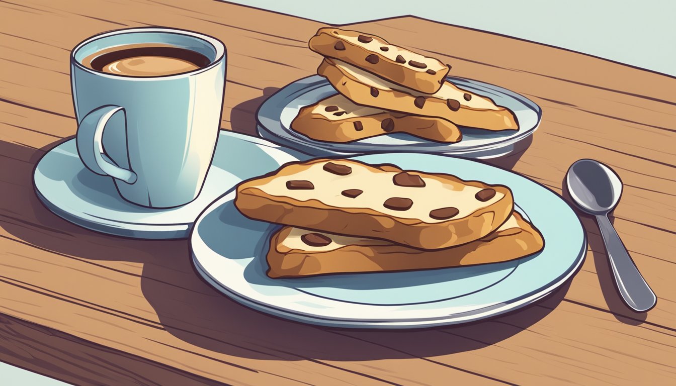 A plate of vegan biscotti with a cup of coffee on a wooden table