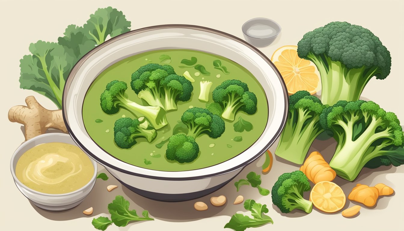 A steaming bowl of broccoli soup with ginger surrounded by fresh broccoli florets and other nutritious ingredients