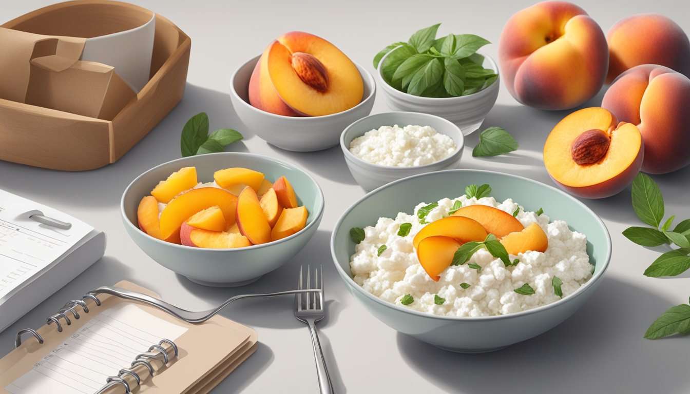 A bowl of cottage cheese topped with sliced peaches sits next to a neatly arranged 7-day meal plan, all set on a table