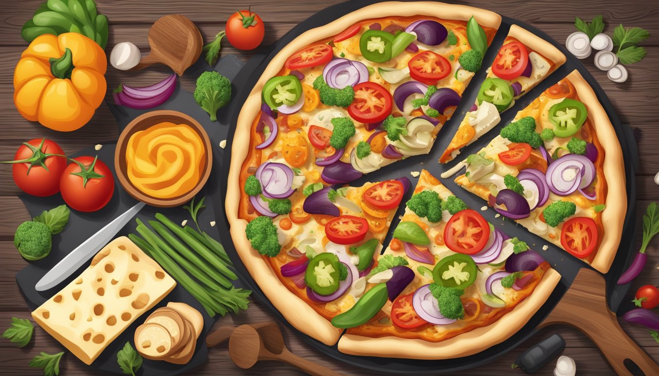 A sizzling bbq pizza with a variety of colorful vegetables and vegan cheese, set on a rustic wooden table