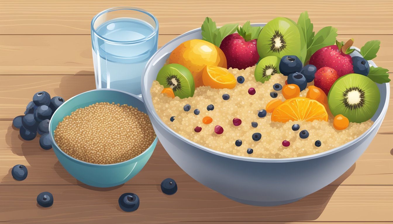 A bowl of quinoa porridge topped with flaxseed, surrounded by colorful fruits and a glass of water on a wooden table