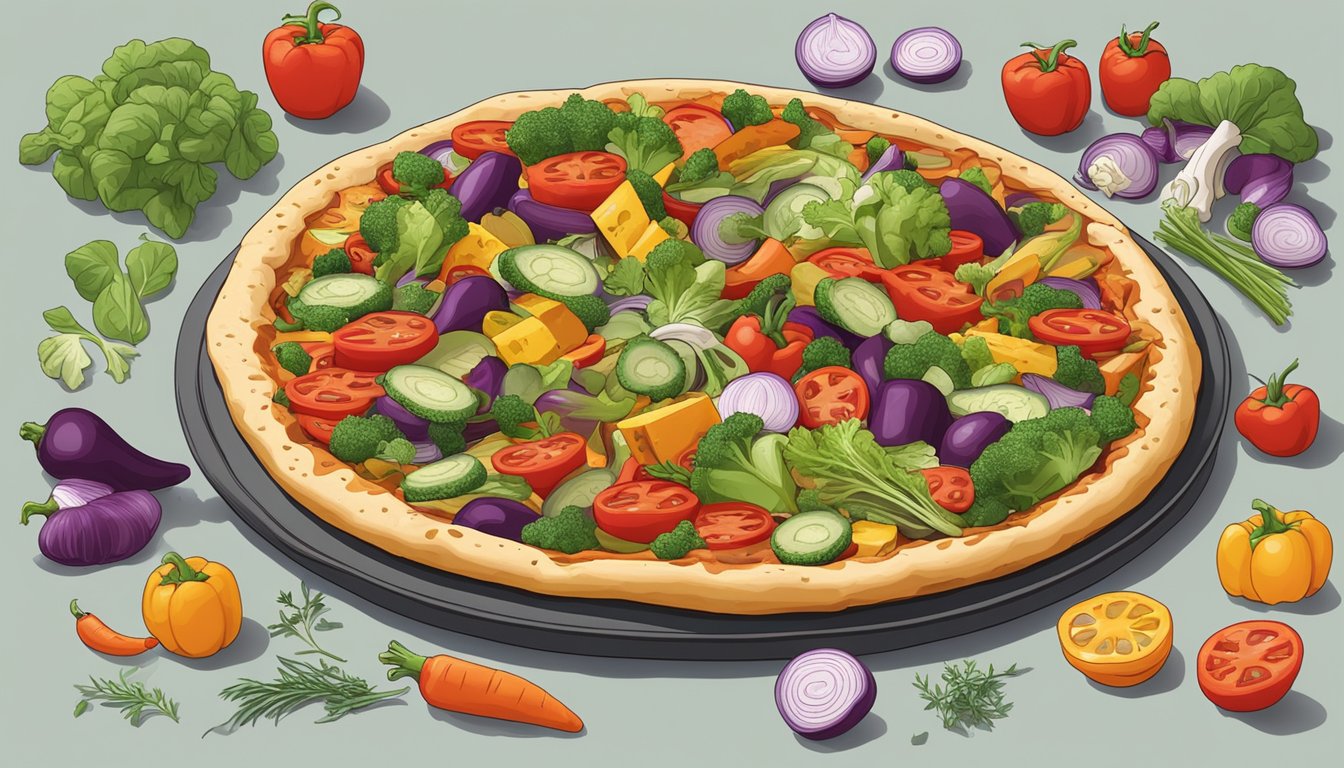 A colorful array of fresh vegetables and herbs arranged around a sliced bbq pizza, with instructions for storage and reheating