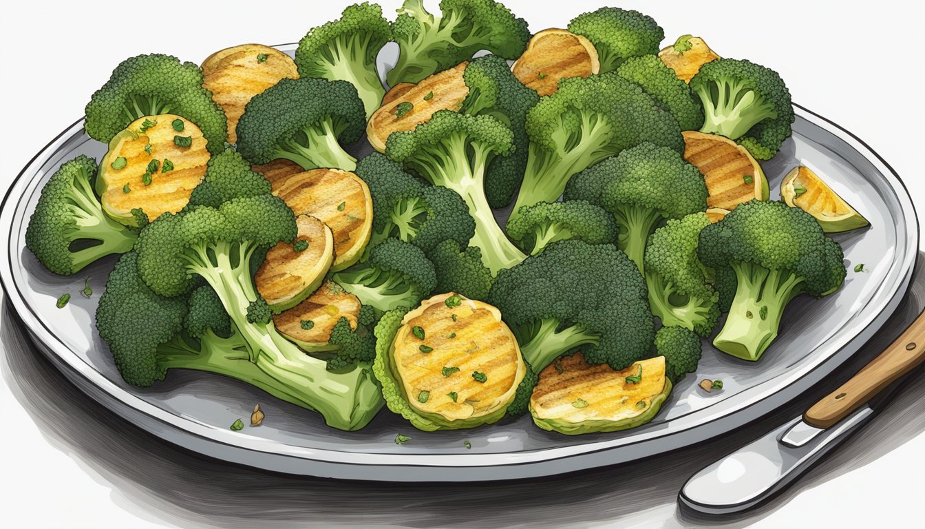 A colorful array of grilled broccoli, mixed with various fresh ingredients, arranged on a serving platter