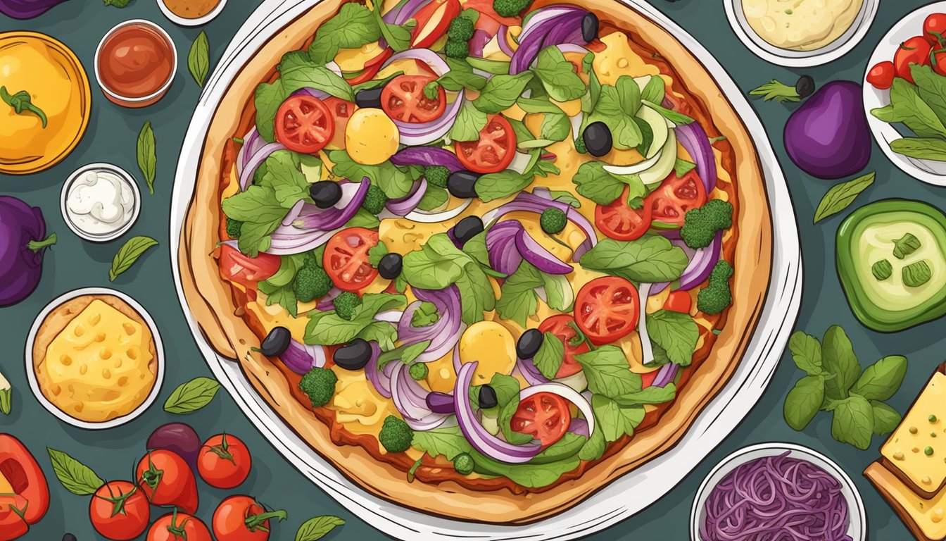 A colorful BBQ pizza surrounded by a variety of allergy-friendly and gluten-free ingredients like fresh vegetables and alternative cheese options