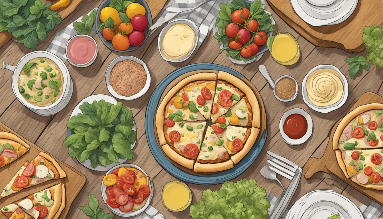 A rustic kitchen table with a colorful array of fresh ingredients and a pizza topped with vegan chicken cordon bleu ranch