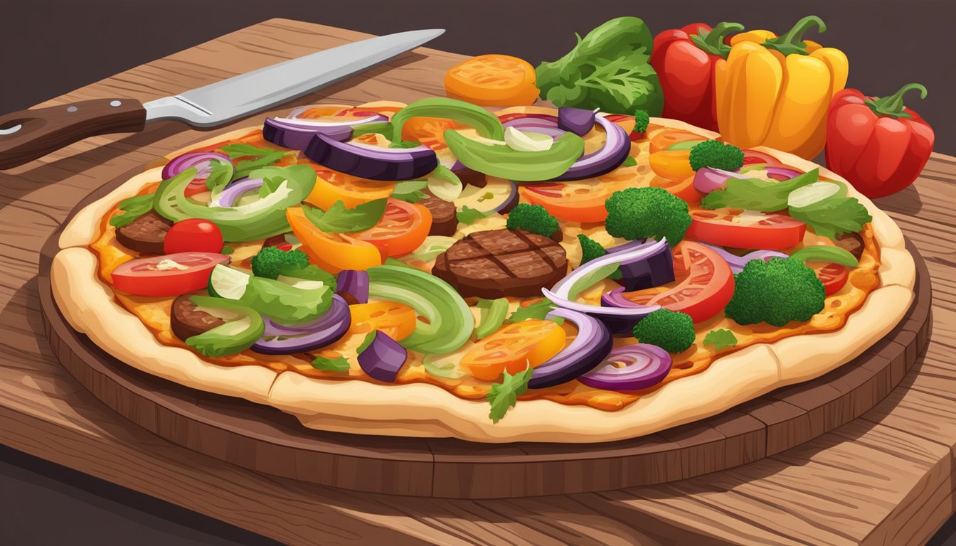 A sizzling BBQ pizza with colorful vegetables and vegan cheese on a wooden cutting board