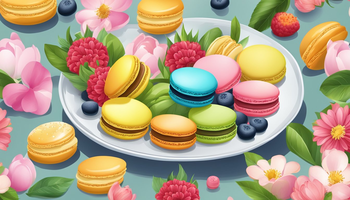 A plate of colorful macarons surrounded by fresh fruits and flowers