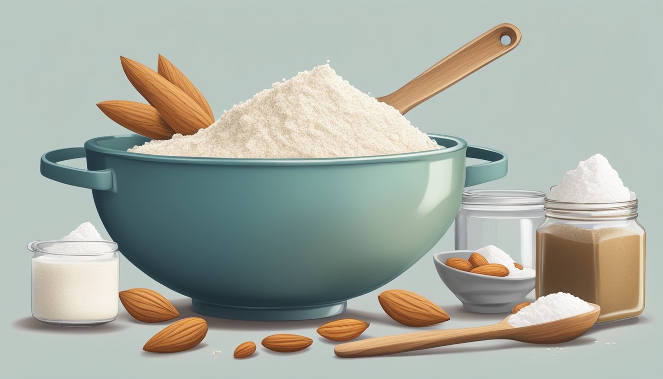 A kitchen counter with a mixing bowl, almond flour, aquafaba, and powdered sugar, surrounded by measuring spoons and a whisk