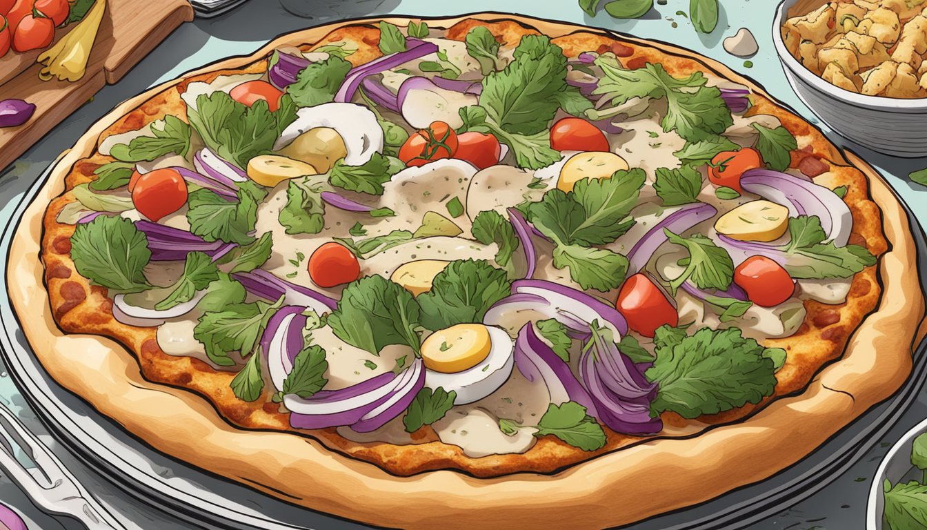 A pizza topped with vegan chicken, cordon bleu, and ranch sauce, surrounded by colorful vegetables and herbs