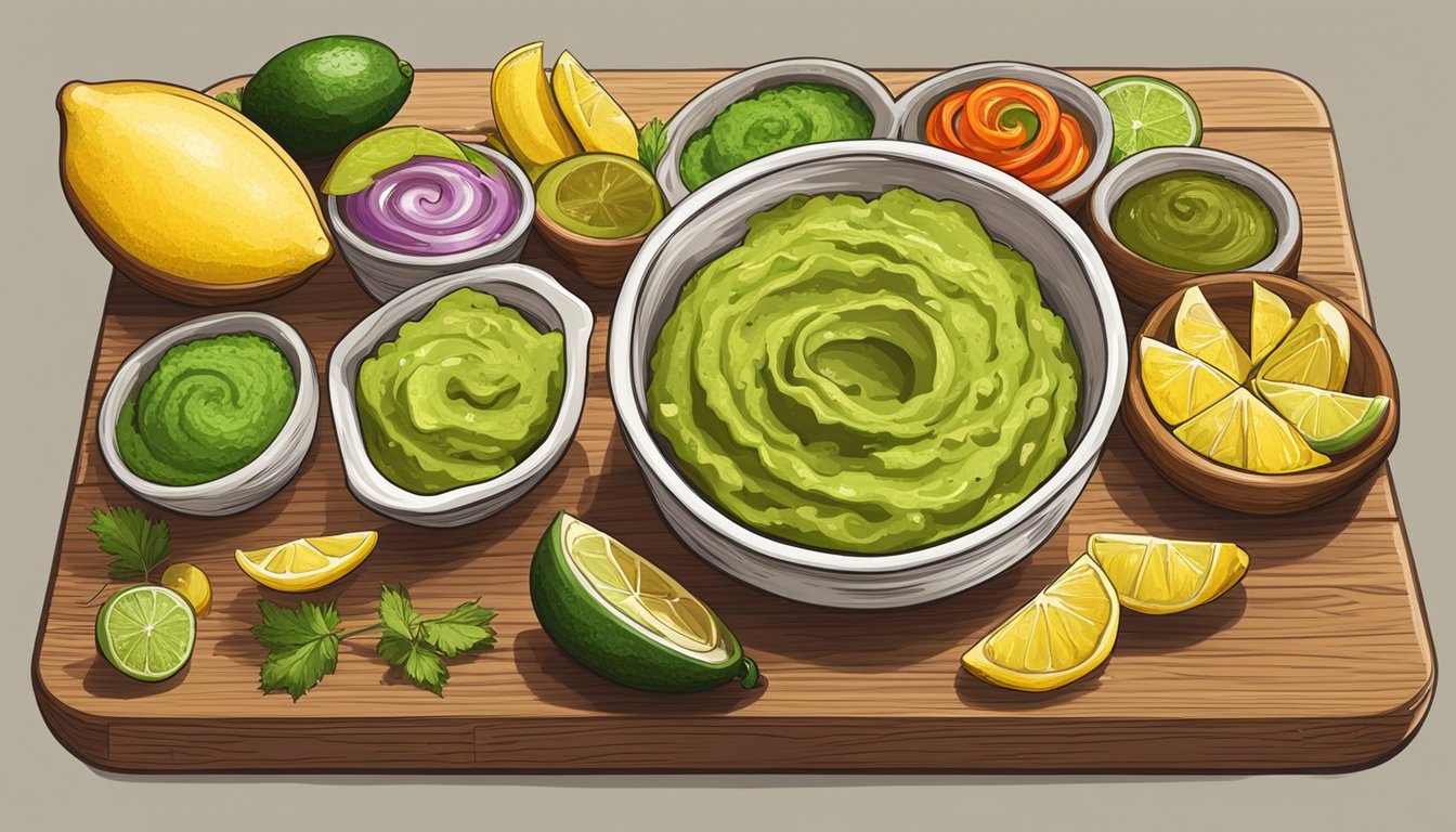 A bowl of guacamole with a sliced lemon and six other colorful and appetizing dips arranged on a wooden serving platter