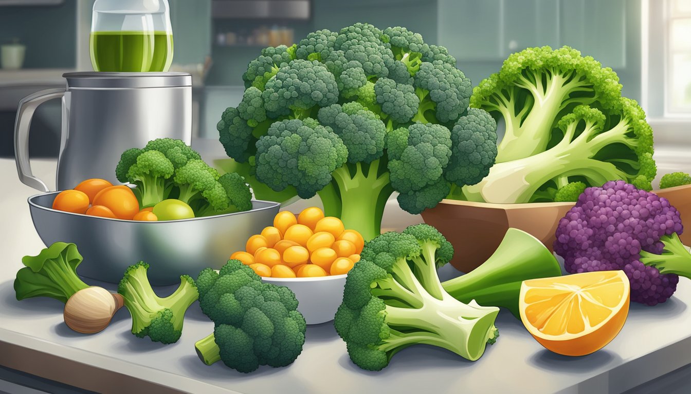 A colorful array of fresh broccoli, alongside various other nutritious ingredients, arranged on a clean, well-lit kitchen countertop