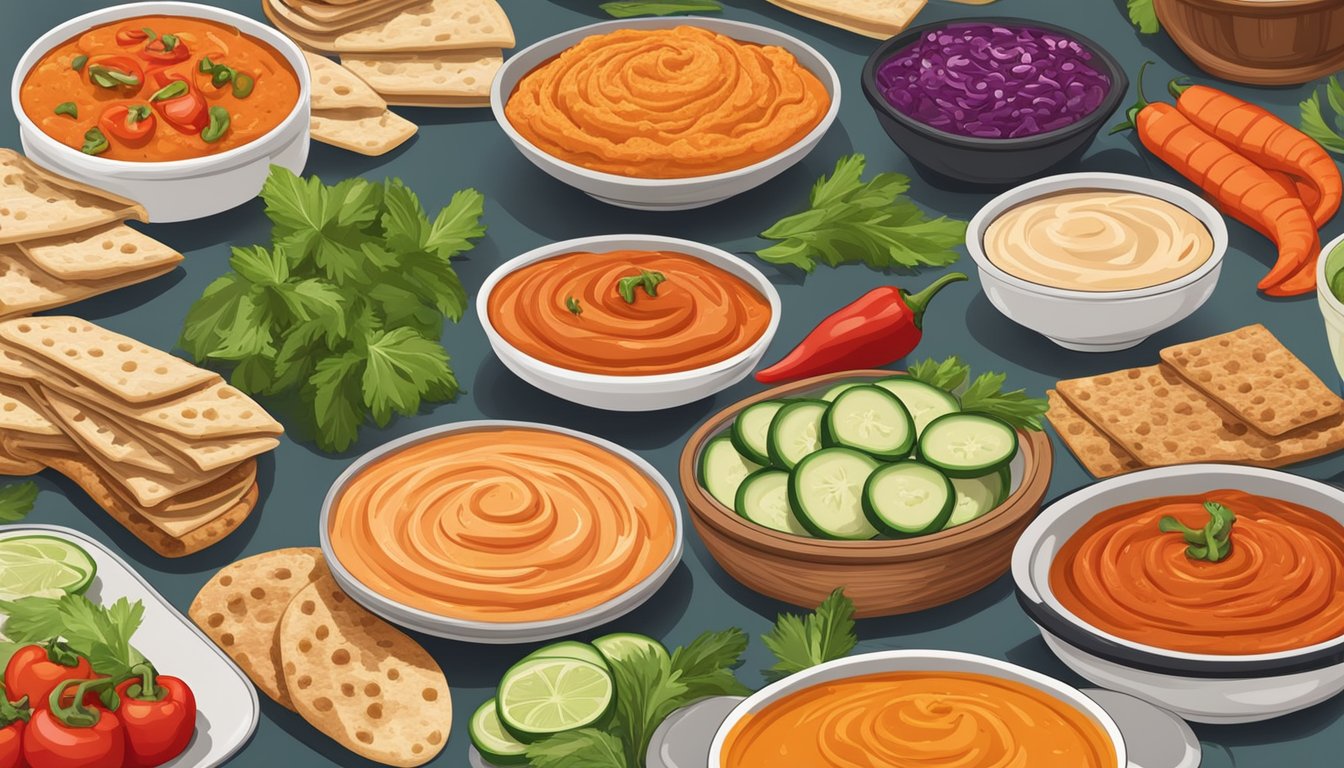 A colorful spread of spicy red pepper hummus and six other flavorful dips arranged on a table, surrounded by fresh vegetables and pita bread