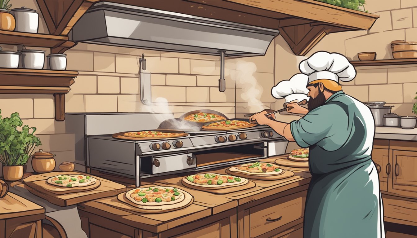 A chef prepares a vegan chicken cordon bleu ranch pizza in a rustic kitchen with fresh ingredients and a wood-fired oven