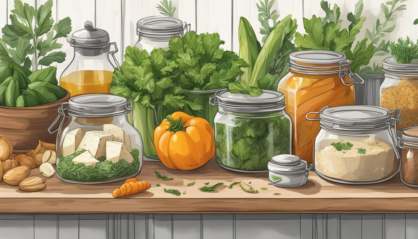 A rustic kitchen counter with fresh vegetables, vegan cheese, and plant-based chicken strips, surrounded by jars of herbs and spices