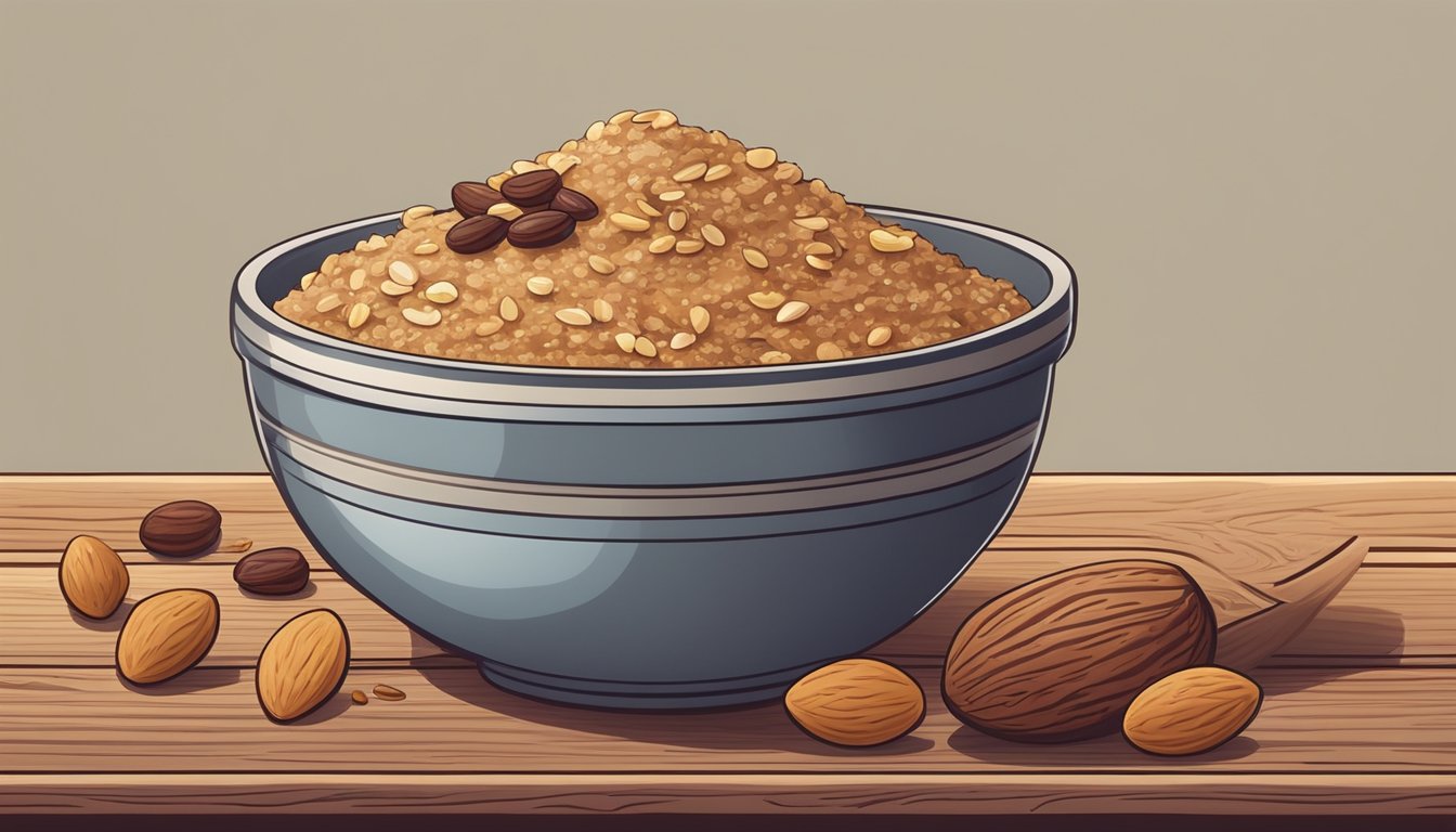 A bowl of almond butter, oats, and honey mix with a variety of nuts and dried fruits spread out on a wooden table