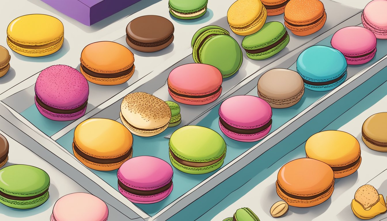 A colorful array of macarons sits on a table, with a mix of fruits, nuts, and chocolate fillings. A small sign indicates which flavors are vegan