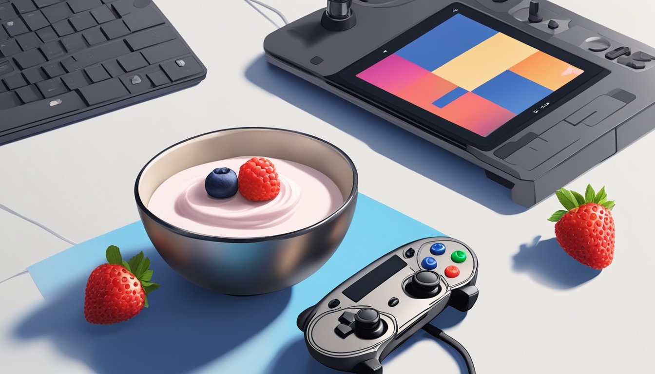 A bowl of Greek yogurt topped with fresh berries sits next to a gaming controller on a sleek, modern table