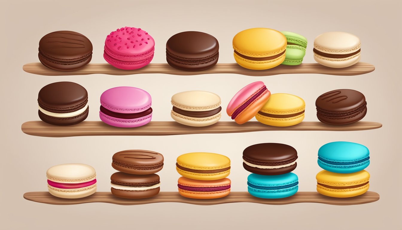 A colorful array of vegan macarons with various fillings, such as creamy coconut, rich chocolate ganache, and tangy raspberry jam, arranged on a rustic wooden board