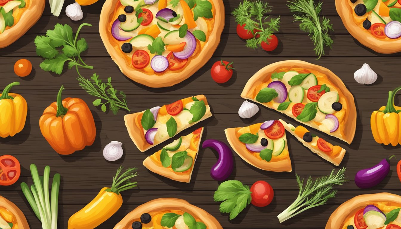 A fresh, golden-brown focaccia pizza topped with colorful vegetables and aromatic herbs sits on a rustic wooden table