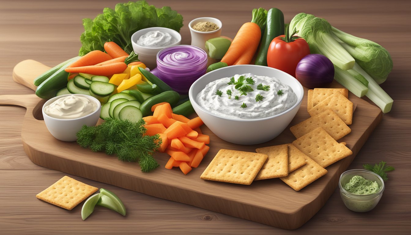 A bowl of fresh herb sour cream dip surrounded by colorful vegetables and crackers on a wooden serving board